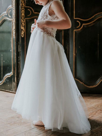 女性のための白いフラワーガールのドレスVネックノースリーブチュールレースキッズパーティードレス