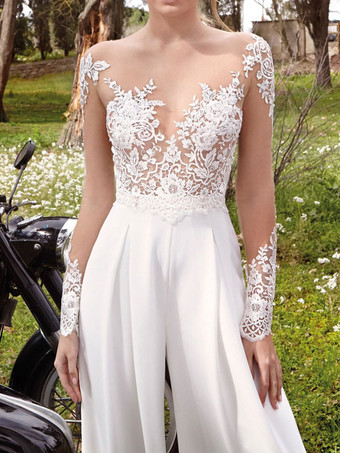 ホワイト シンプルなウェディング ジャンプスーツ レース V ネック 長袖 ストレッチ クレープ Aライン ブライダル ジャンプスーツ 自由なカスタマイズ