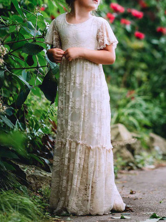 Robe de fille de fleur ivoire en dentelle col rond manche courte longueur au sol robe cortège enfant robe cérémonie fille