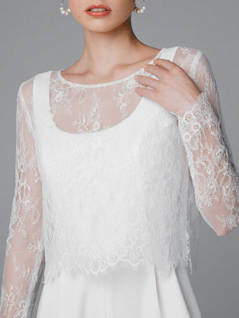 Mono de boda simple blanco A-Line Jewel Neck Mangas largas Stretch Crepe Monos de novia