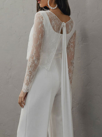 Mono de boda simple blanco A-Line Jewel Neck Mangas largas Stretch Crepe Monos de novia