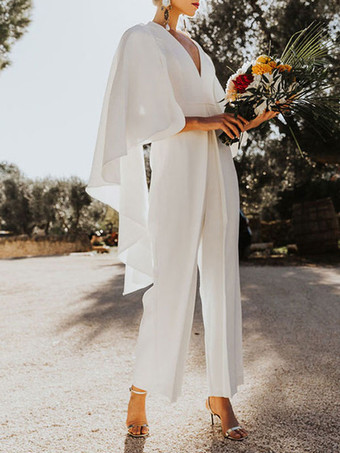 White Wedding Jumpsuit A-Line V-Neck Half Sleeves Bridal Jumpsuits Free Customization