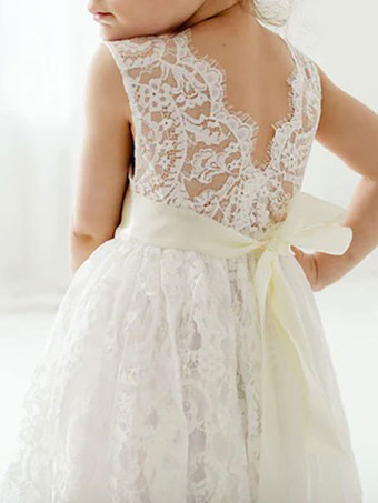 白いフラワーガールのドレスジュエルネックレースノースリーブティーの長さAラインレースキッズソーシャルパーティードレス