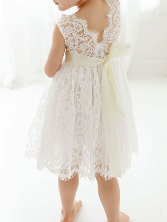 白いフラワーガールのドレスジュエルネックレースノースリーブティーの長さAラインレースキッズソーシャルパーティードレス