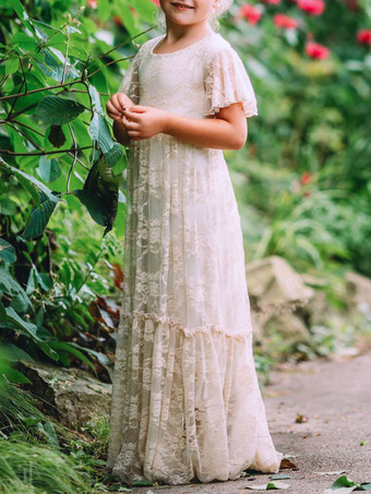 Robe de fille de fleur ivoire en dentelle col rond manche courte longueur au sol robe cortège enfant robe cérémonie fille