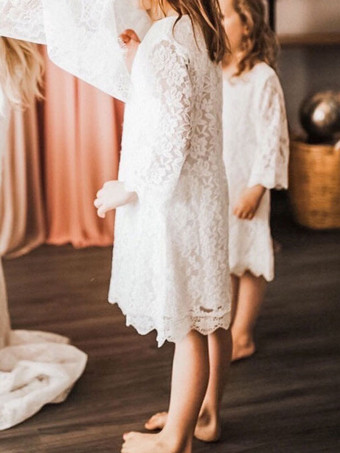 白いフラワーガールのドレスジュエルネック長袖レースキッズソーシャルパーティードレス