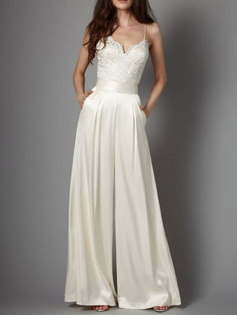 Ivory Simple Wedding Jumpsuit Satin Fabric Lace V-Neck Sleeveless Bridal Jumpsuits Free Customization