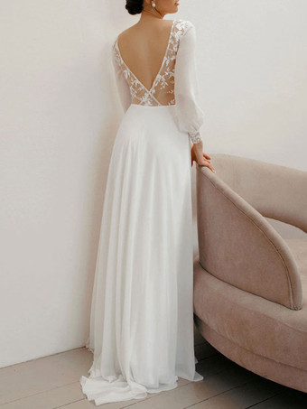 白のシンプルなウェディングドレスラインジュエルネック長袖レースロングブライダルドレス