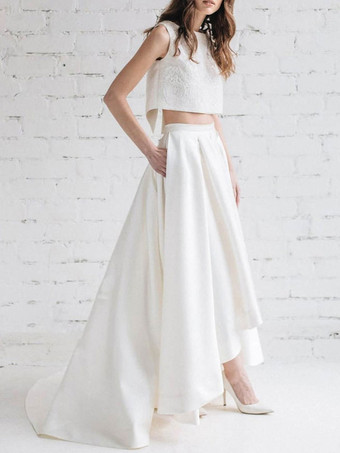 Robe de mariée simple en deux pièces ivoire en tissu satiné avec col en V et manches longues en dentelle Robe de mariée trapèze Personnalisation gratuite