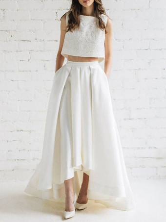 Ivoire Robe de mariée simple en deux pièces ivoire en tissu satiné avec col en V et manches longues en dentelle Robe de mariée trapèze Personnalisation gratuite