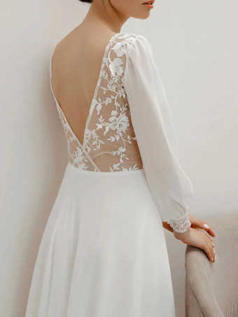 白のシンプルなウェディングドレスラインジュエルネック長袖レースロングブライダルドレス