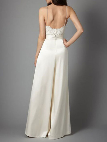 アイボリーシンプルなウェディングドレスサテン生地レースVネックノースリーブロングブライダルドレス