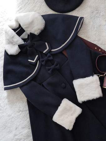 スウィートロリータオーバーコートボウプリーツウールロリータウィンターコートwithケープ