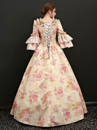 プリンセス 女性用 貴族ドレス 中世 ドレス シャンパンカラー 七分袖 サテンファブリック サテン パフォーマンス ドレス ロココ調 中世 ドレス・貴族ドレス ヨーロッパ 宮廷風 レトロ