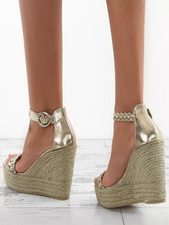 レディースウェッジサンダル　2025　ゴールド　オープントゥ　プラットフォーム　アンクルストラップサンダルシューズ