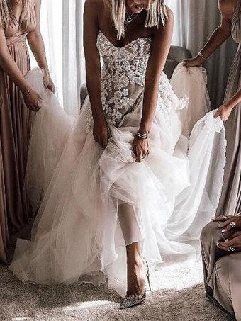 ホワイトレースのウェディングドレス、トレーン付き、ノースリーブ、バックレス、チュール、ストラップレス、Aライン、ブライダルドレス、無料カスタマイズ