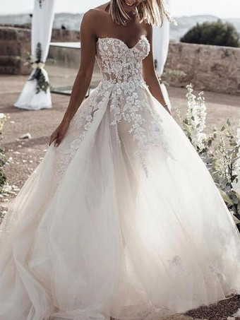 ホワイトレースのウェディングドレス、トレーン付き、ノースリーブ、バックレス、チュール、ストラップレス、Aライン、ブライダルドレス、無料カスタマイズ