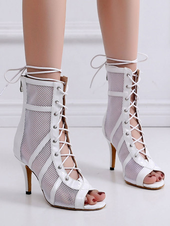 ホワイト 女性ブラックブーツジッパースティレットヒールのぞき見つま先サマーブーツ