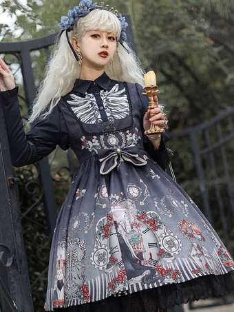 Gothique Chemise Lolita Top Collier À Manches Longues Imprimé Squelette Lolita Noire Blanche