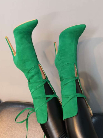 ハイヒールブーツ女性ポインテッドトゥレースアップブーティー