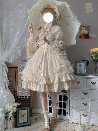 Robe Classique Lolita OP Abricot Clair Manches 3/4 En Dentelle Plissée Volants Tea Party Lolita Robe Une Pièce