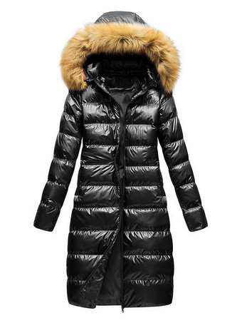 Giacca da donna Cappotto imbottito nero Capispalla invernale con cappuccio in pelliccia sintetica