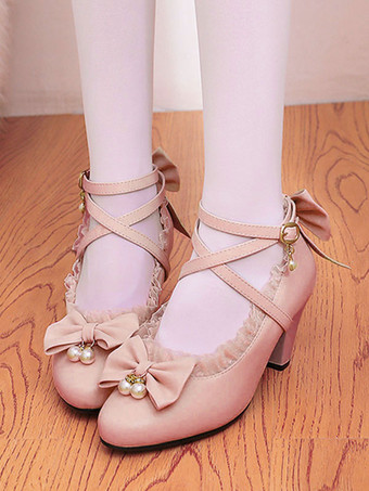 甘いロリータシューズピンクラッフル弓PUレザープリズムヒールロリータシューズ