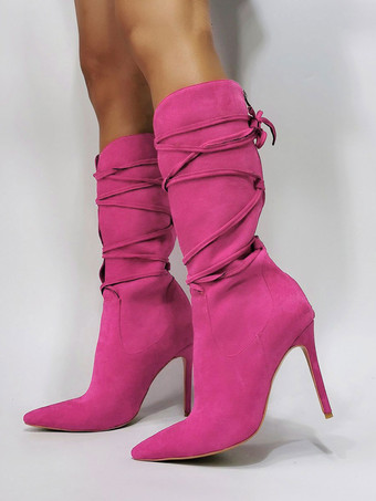 ハイヒールブーツ女性ポインテッドトゥレースアップブーティー