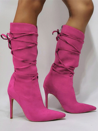 ハイヒールブーツ女性ポインテッドトゥレースアップブーティー