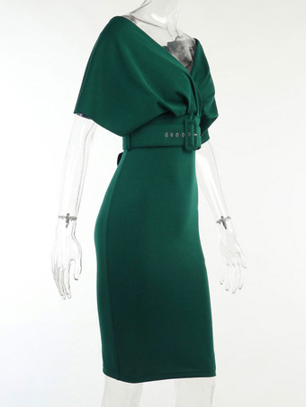 ボディコンドレスダークグリーン半袖ジッパーセクシーなVネックレイヤードスリムフィットドレスシースドレス