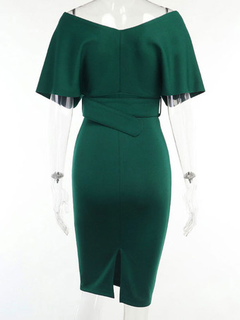 ボディコンドレスダークグリーン半袖ジッパーセクシーなVネックレイヤードスリムフィットドレスシースドレス