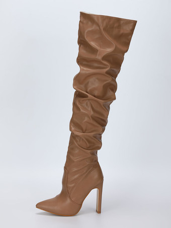 ラクダ色 ニーブーツの上の女性分厚いヒール先のとがったつま先PUレザー白いサイハイブーツ