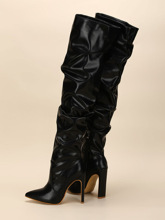 ニーブーツの上の女性分厚いヒール先のとがったつま先PUレザー白いサイハイブーツ