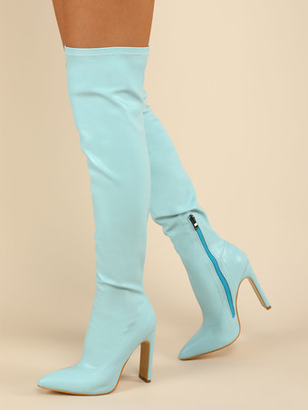 女性オーバーザニーブーツチャンキーヒールポイントトゥPUレザーブロンドサイハイブーツ