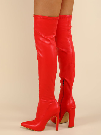 女性オーバーザニーブーツチャンキーヒールポイントトゥPUレザーブロンドサイハイブーツ