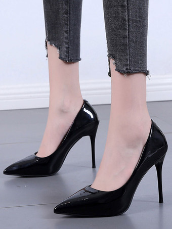 女性のハイヒールスチレットヒール先のとがったつま先パテントレザーブルゴーニュパンプス