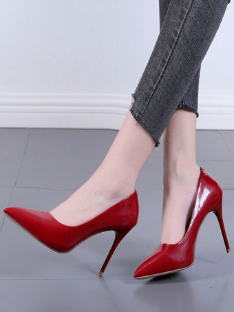 女性のハイヒールスチレットヒール先のとがったつま先パテントレザーブルゴーニュパンプス