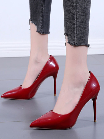 女性のハイヒールスチレットヒール先のとがったつま先パテントレザーブルゴーニュパンプス