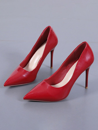 女性のハイヒールスチレットヒール先のとがったつま先パテントレザーブルゴーニュパンプス