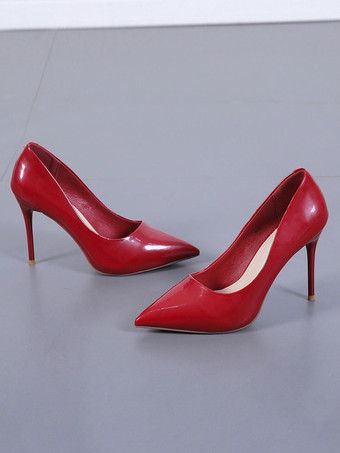 女性のハイヒールスチレットヒール先のとがったつま先パテントレザーブルゴーニュパンプス
