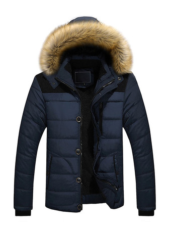 ディープブルー男性ジャケットカジュアル毎日カジュアルスタンドカラー長袖ファーフード付きカーキフグコート