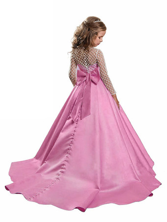 ピンクの花の女の子のドレスジュエルネックサテンの生地長袖の電車の弓子供の社会的パーティーのドレス