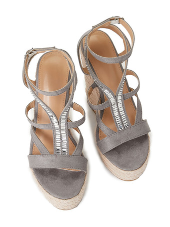 女性夏サンダルラインストーンマイクロスエードアッパーウェッジヒールアンクルストラップサンダル