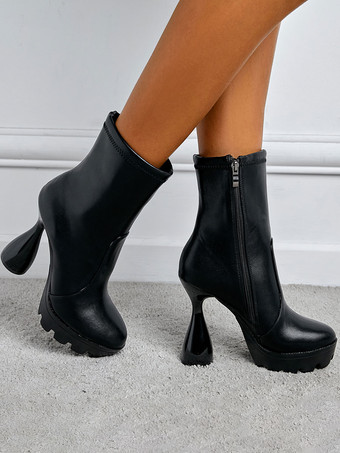 Women Boots Round Toe Goblet Heel PU Leather Black Ankle Boots