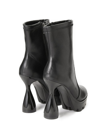 Women Boots Round Toe Goblet Heel PU Leather Black Ankle Boots