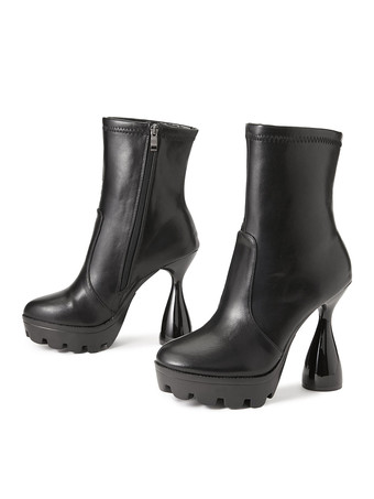 Women Boots Round Toe Goblet Heel PU Leather Black Ankle Boots