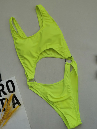 O リング ストラップ ネック モノキニ スイムスーツ イエロー グリーン