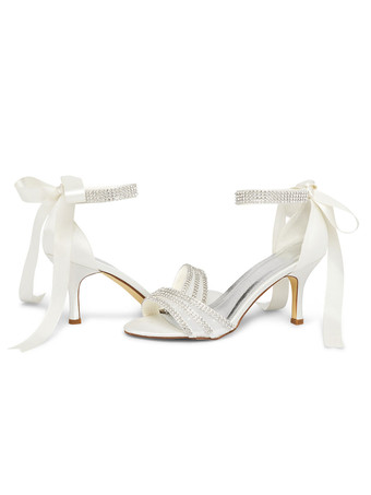 Zapatos de boda marfil Lazos de malla Punta redonda Tacón de aguja Zapatos de novia con correa en el tobillo