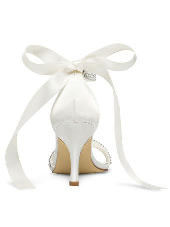 Zapatos de boda marfil Lazos de malla Punta redonda Tacón de aguja Zapatos de novia con correa en el tobillo