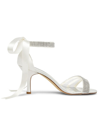 Zapatos de boda marfil Lazos de malla Punta redonda Tacón de aguja Zapatos de novia con correa en el tobillo